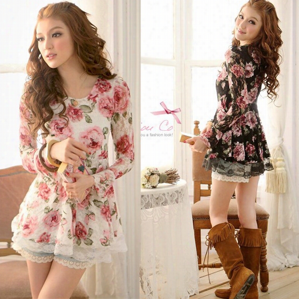 Ndw Arrival Women New Long Sleeve Oo55 Rosee Flower Shirt Blouses Prints Lace Casual Tops