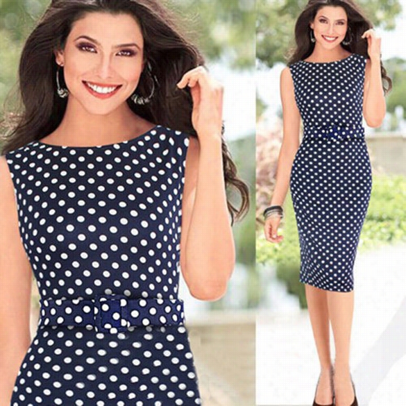 New Celeb Style Dot Pattern Ladies Blue Pencil Evening Slimming Panel Tea Dress