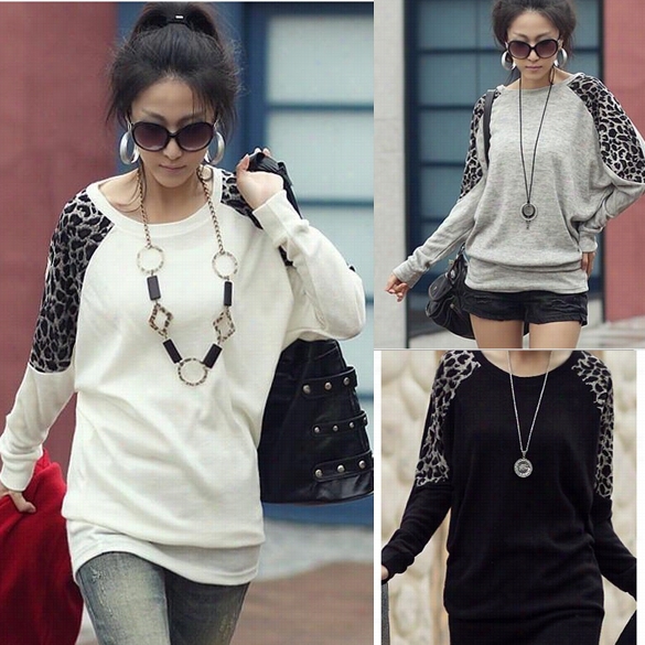 New Cotton Leopard Gran Decoration Roudn Brought Long Sleeve T-shirt 3 Colors