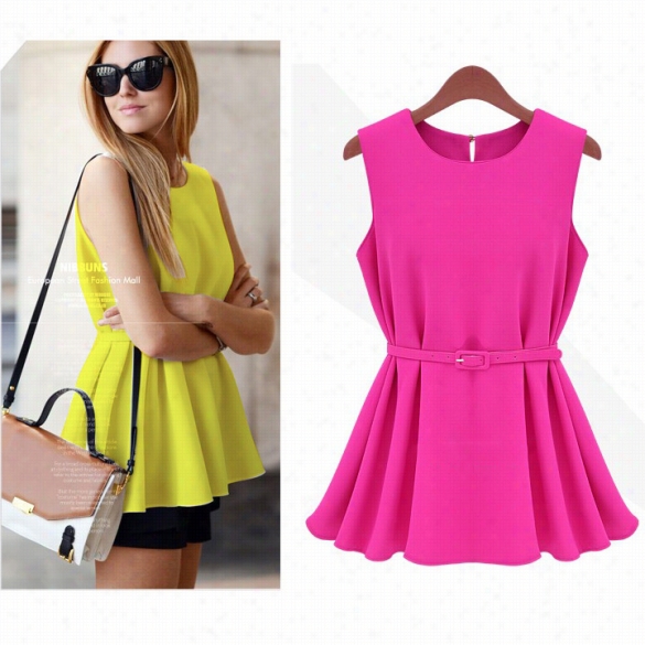 New Europeround Collar Blouse Lady Loose Sleeveless Short Dress Tops 3 Colors