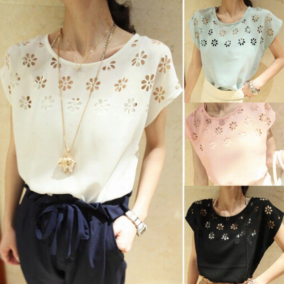 New Fashion Flowers Hollow Remit Bztaing  Sleeve Chiffon T-shir T Women Top