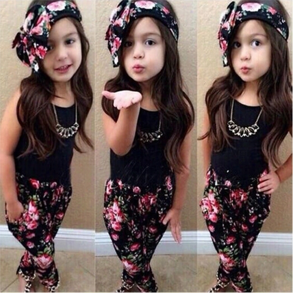 New Fashion Kids Girls Wear Sleeveless Cute Floral Tops + Pants Two-piece Set Outfit Se