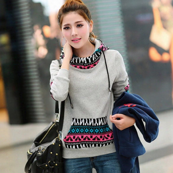 New Fashion Long Sleeve Geomee Tric Pattern Pullover Casual Hoodie Coat Tops