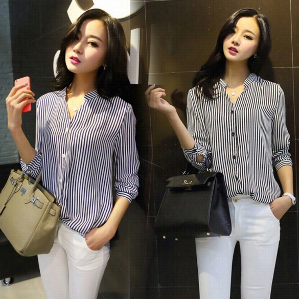 New Fa Shion Loose Women Chiffon Blouse Sexy Summer Long  Sleeve Striped Casual Shirt Topp