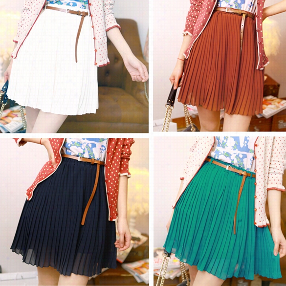 New Fashion Sexy Women Girls Re Tro Pleated Mini Skrits Chiffon Waist Sshor Tdress With Belt 4 Coors