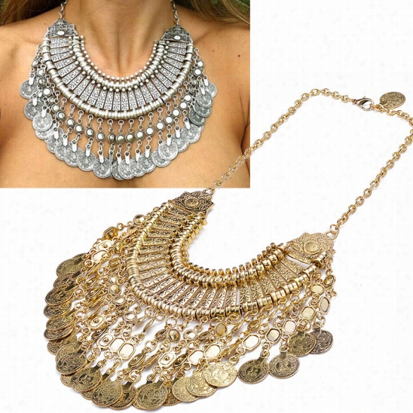 New Afshion Vintage Retro Coin Tassel Carvved Alloy Rhinestoen Nneckace