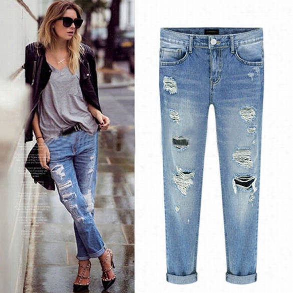 New Fashon Women Casual Slim Pencil Pants Skinny Ripped Jeans Ednim Trousers