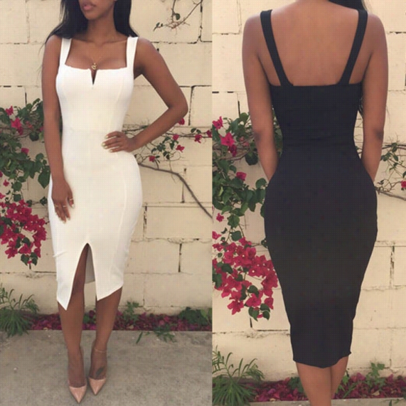 New Fashion Women Sexy Slim Square Collar Sleeveless Backless Solid Split Irregular Pencil Club Party Dress