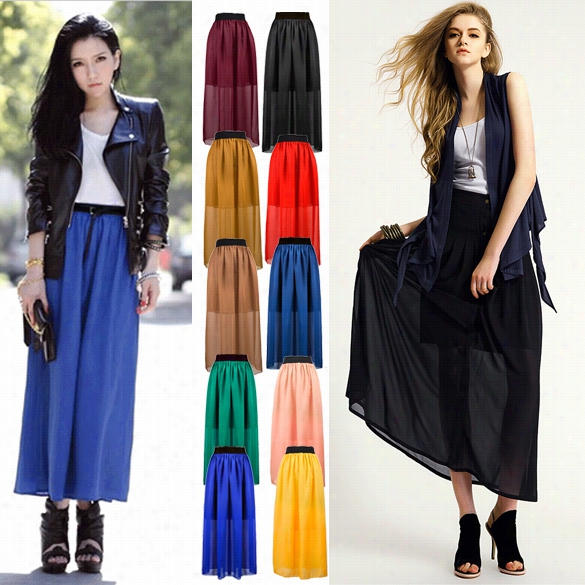 New Fashion Women's Chiffon Pleated Retro Slow Maxi Dress Elastic Waist Skirt Dress 10 Colors