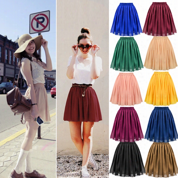 New Way Women's Chiffon Pleated Retro Midi Suddenly Skirt Elastic Waist Ddress10 Colors