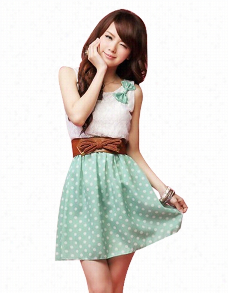 New Korean Fashion Style Polka Dot Sweet Ovely Mini Dress Range"green Lacce Top