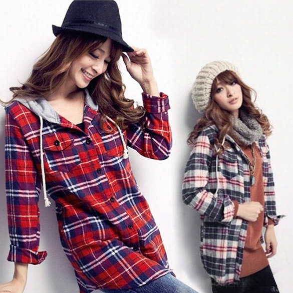 New Korean Hot Ladoes Long Speeve Flax Casual Hood Plaid T-shi Rt Blouse