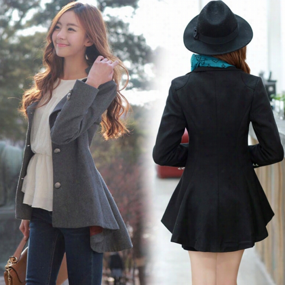 New Korean Wo Mens Lapel Irregular Hem Long Sleeve Slim Wool Coat Jacket Outwear Hotsalee