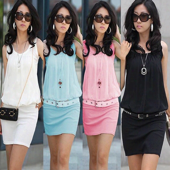 New Ladies Stylish O-neck Sleeveless Chic Tunic Causal Mini Dress Womens Dresses 4 Colors