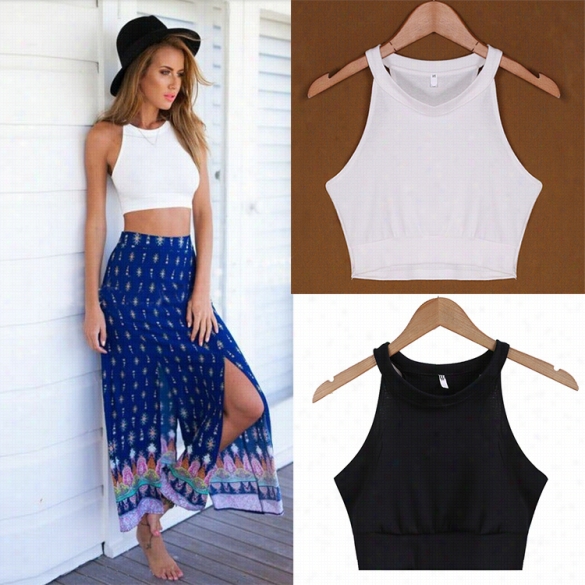 New Lady  Wome N's Form Sleeveless O-neck Secy Slim Casual Solid Crop Top