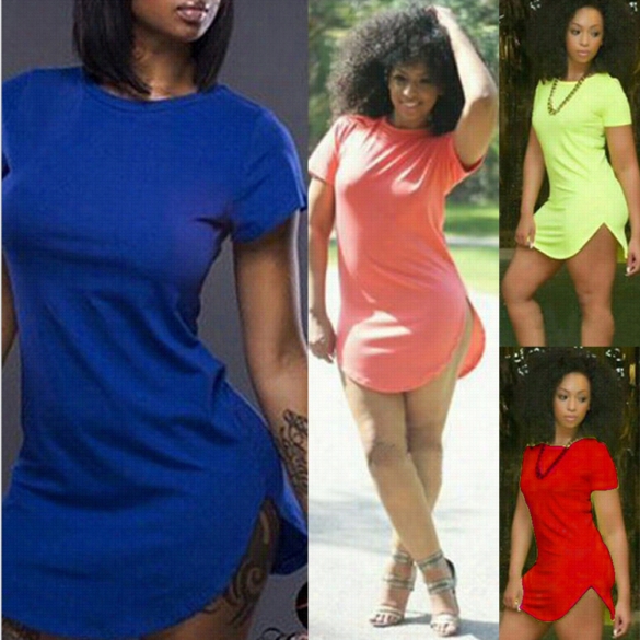 New Lady Women's Sexy Solid Candy Color O-neck Short Sleeve Mini Dress