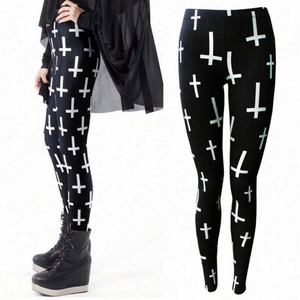 New Persnalitu  Women Ladies Black Cross Print Full Length Skinny Leggings Pants