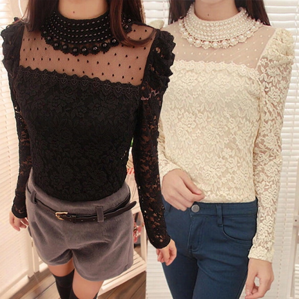 Novel Stylish Lady Women's Fashion Long Sleeve O-neck Sexy Lace Top Blouse