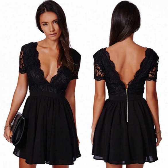 New Stlyish Lady Women's Fashion Short Sleeve Deep V-neck Sexy Chiffon Lace Weak Dress