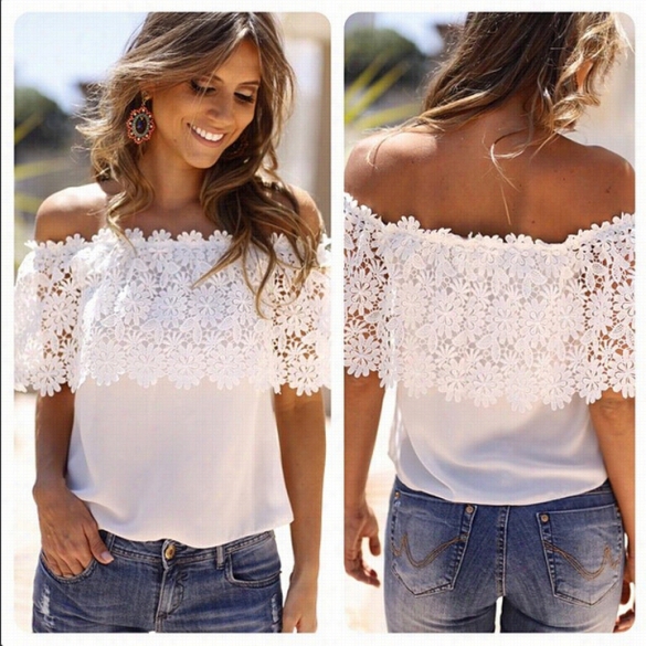 New Stylish Ady Women's Off Shoulder Lace Splicing Sexy Chiffon Patchwork Tops Blous E