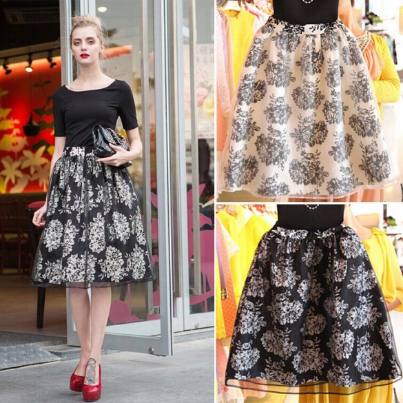 New Summer Women Floral Print Organzaskirt Tutu Bubble Knee Length Skirt