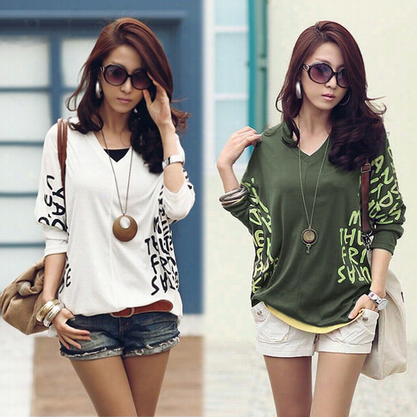 Newv -neck Batwing Dolman Short Sleeve Letter Prints Tops Blouses T-shirts