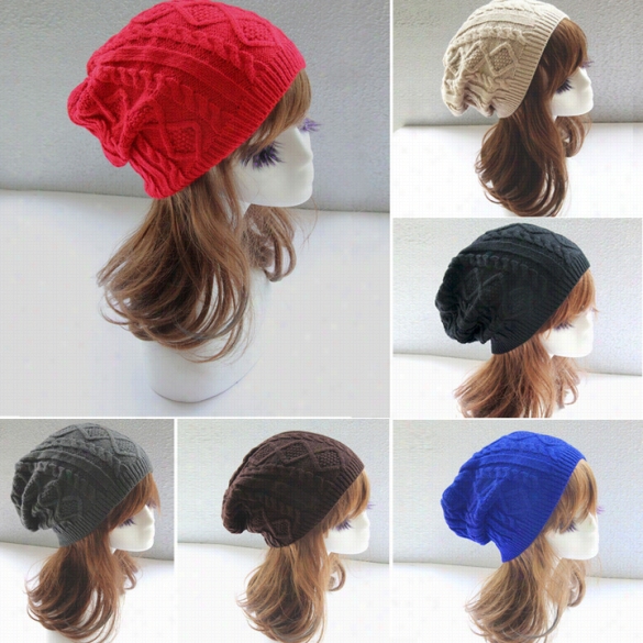 New Winte Rwarm Wool Beanie Cap Women Baggy Crochet Knit Sklul Ski Hat