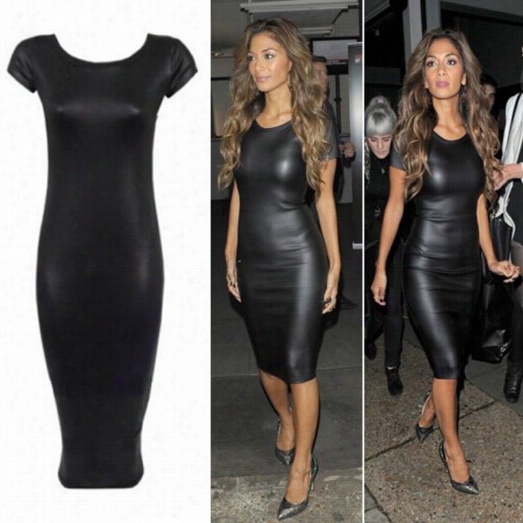 New Women␙s Fashion Faux Leather Sexy Olok Shorf Sleeve Crew Neck Midi Party Dress Clubwear Black