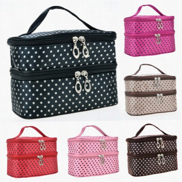 Neq Women's Fashio Portable Double-deck Toiletry Bag Dot Pattern Makeup Bag