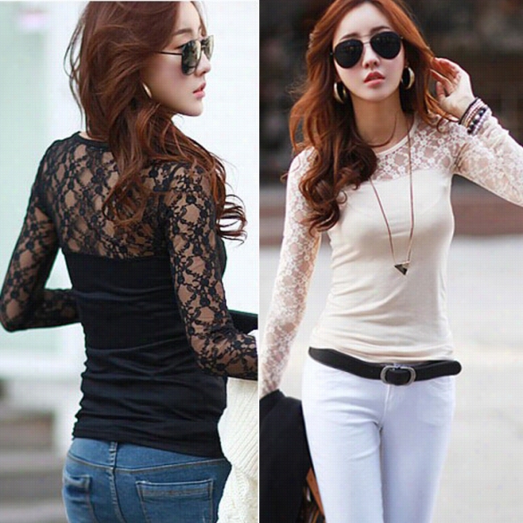 New Women's Long Sleeve Sheer Lace Trim Sexy Slim Casual Bottoming T-shirt Blouse Tops Shirt