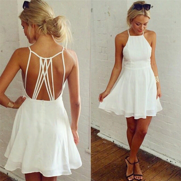 New Womens Sexy Accidental Spaghetti Strop  Backless Loose Swing Club Dress White Short Mini Dress