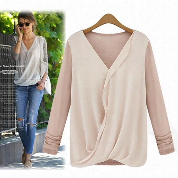 New Wo Ken's Stitching Knifted Looose Chiffon Tops Long Ssleeve Shirtc Asual Blouse