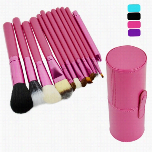 Professional 12pcs Cosmetic Makeup Brsuh  Et Make-up Tool With Leather Cup Holdder 4colors