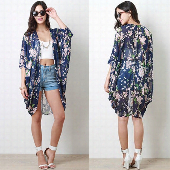 Sales Bohemia Women Etnhic Floral Prin Chiffon Long Kimono Top Blouse Cardigan