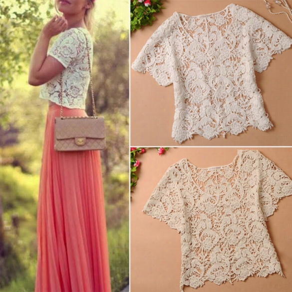 Sexy Lace Crochet Womnes Short Sleeve Shirt Embroidery Fl Oral Tops Blouse B 20e