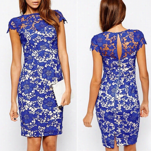 Sexy Ladies Women O-neck Cap Sleeve Padded Lace Slim Bodycon Casual Dress