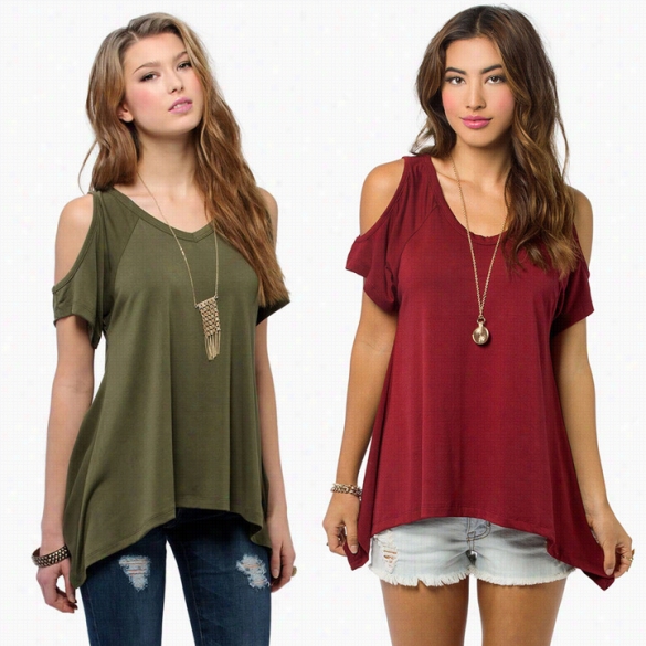 Sexy Women Casual V-neck Off Shoulder T-shirt Short Sleeve Soldi Stretcht -shirt Tops