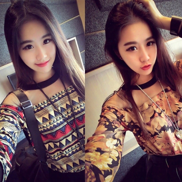 Sexy Women Floral Long Sleeve Casual Pullover Tops Loose Round Eck Splice T-shirt Blouse