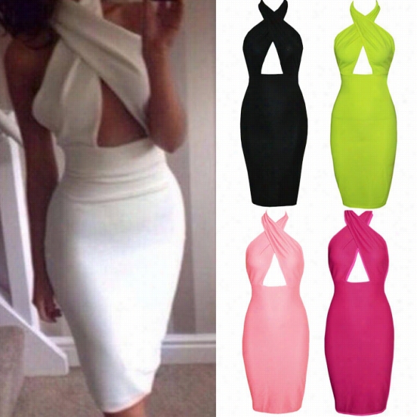 Sexy Women Sleeveless Hollow Chest Backless Bodycon Cocktail Slim Dress 5 Colors