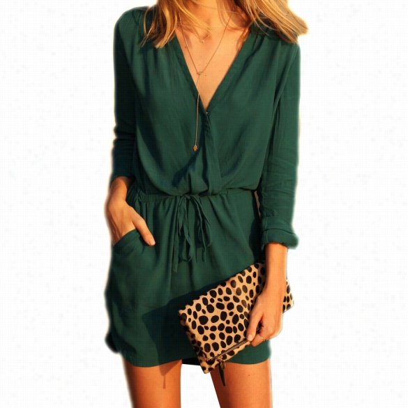 Sexy Women V Neck Long Sleeve Drawstring Endure  Loose Min I Chiffon Dress