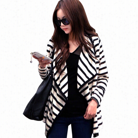 Stylish Ladies Acsual Open Nec Lpng Sleeve Striped Basic Coat Jafkte Autumn Spring