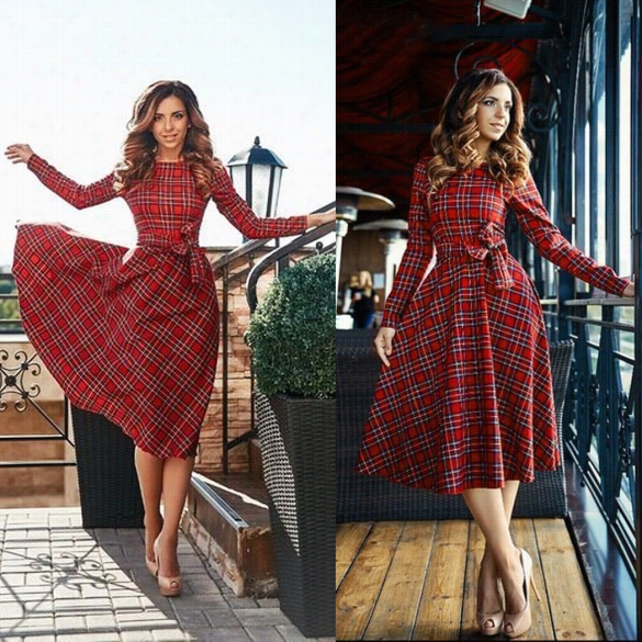 Stylish Ladies Women Casual O-neck Long Sleeve Plaid High Waist A-line Dress