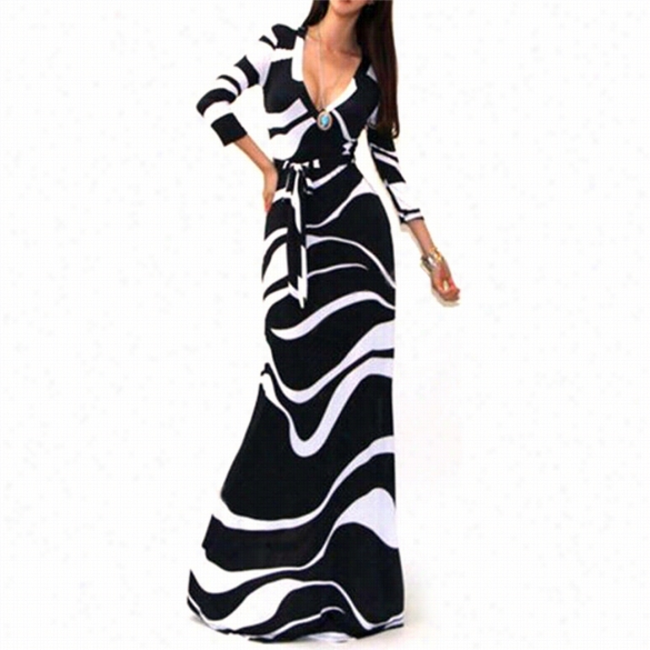 Stylish Ladies Women Casual Sexy 3"4 Sleeve Deep V Neck High Waist Floor Length Bodycon Party Evening Dress