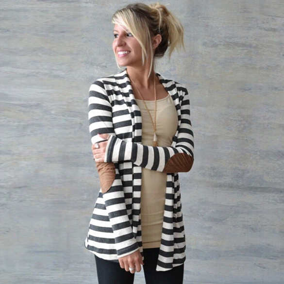 Stylish Ladies Women Casual Turnddown Neck Long Sleeve Striped Slim Long Ttops Cardigan