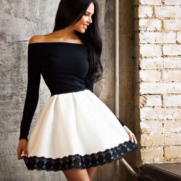 Stylish Ladies Women Sexy Lady Off  Shoulder Long Sleeve High Waist Patchwork Lace-trimmed Mini Pleated Dress