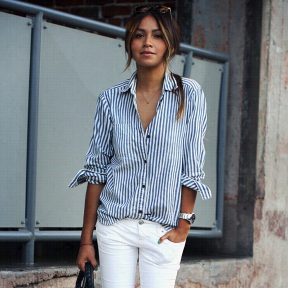 Stylish Ladies Women Turn-down Collar Vertical Striped Casual Shirt Blouse