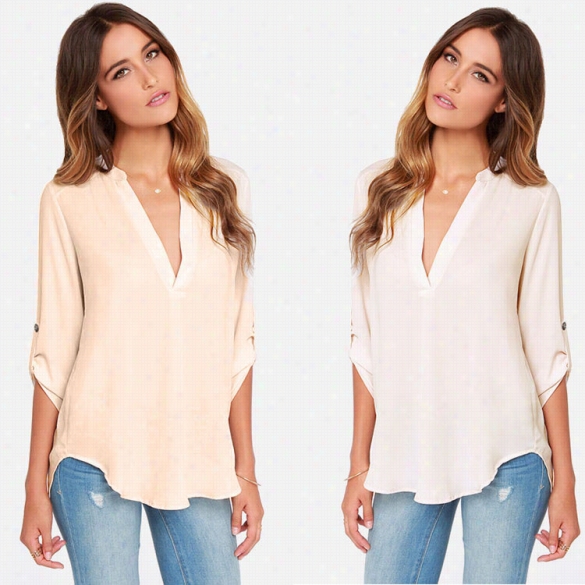 Stylish Ladiess Woen V -neck Long Sleeve Solid Loose Irregular Hem Casual Chiffon Shirt