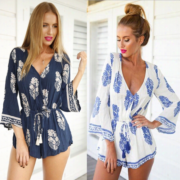 Srylish Lady  Women's Casual Sexy V-neck 3"4 Sleeve Print Brittle Jumpsuit Loose Rompers