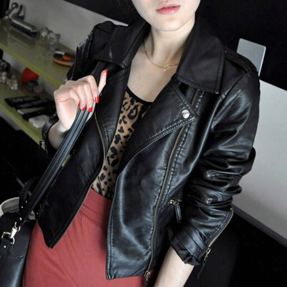 Styl Ish Women Motorcycle Leather Coat Jacket S-xxl Diagonal Zipper  Lacking Outerwear