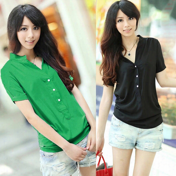 Summer Fresh Short Sleeve Slim Stand-up Collar Women's Chiffon Shirt Top Blouse